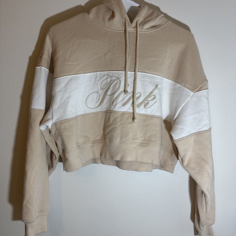 Victoria's Secret PINK Cropped Colorblock Cursive Logo Fleece Hoodie Small Tan